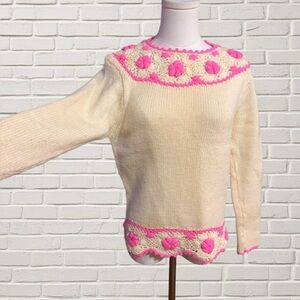 Vintage Crochet Flower Knit Sweater Cream Pink Handmade Boho Cottagecore M